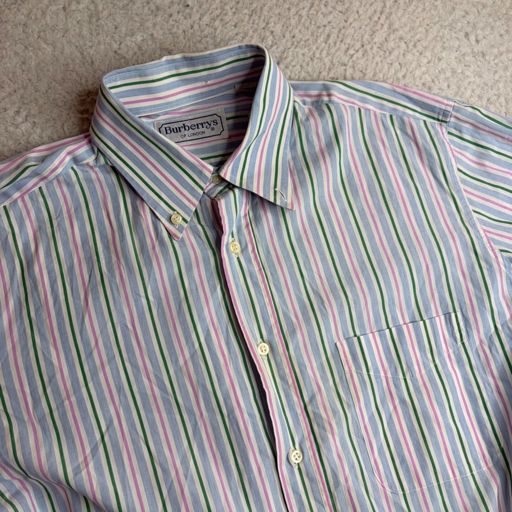 Vintage Burberrys of London Striped Short Sleeve Shirt Mens Blue Green Pink XL